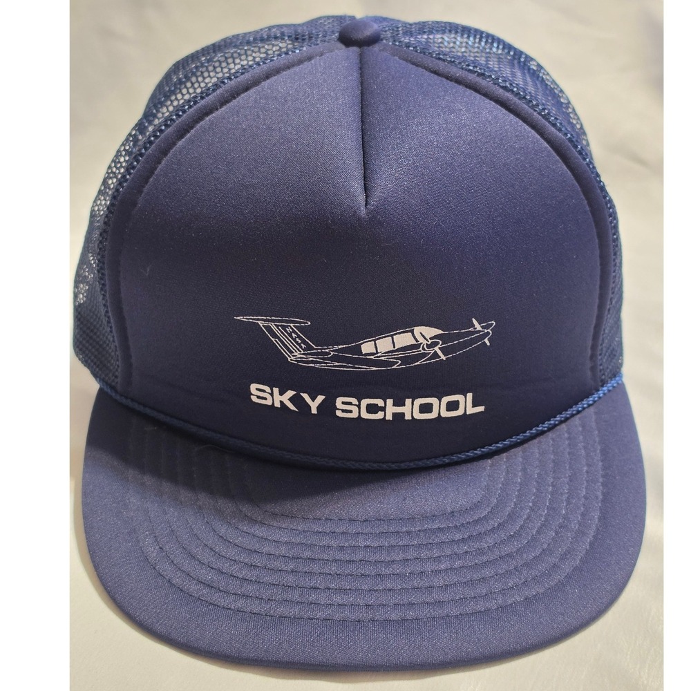 Sky School Aviation Airplane Mesh Trucker Hat Snapback Navy Blue Cap T.I.O.